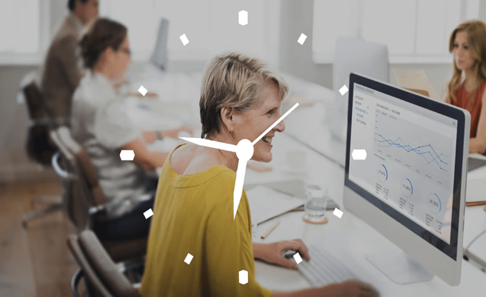 Digital time-tracking software dashboard; Employee productivity and work hours analytics chart